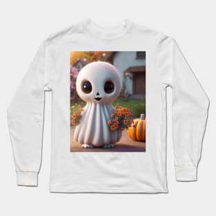 Spooky Halloween Ghost Pumpkin and Flowers Long Sleeve T-Shirt